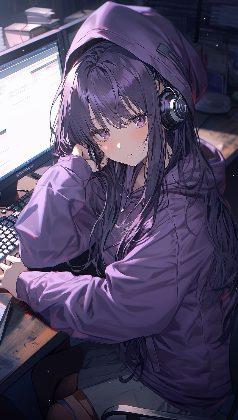 Girl, headphones, computer, anime, HD phone wallpaper | Peakpx