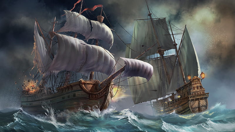 sea battle, sailing ships, waves, storm, artwork, Fantasy, HD wallpaper