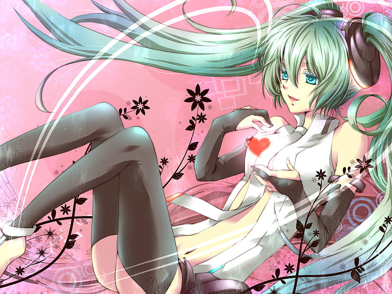 Hatsune Miku Append 01, vocaloid, pretty, colorful, hatsune miku, twintail, animee, miku, bonito, cute, headset, hatsune, heart, flowers, vines, vocaloids, pink, HD wallpaper