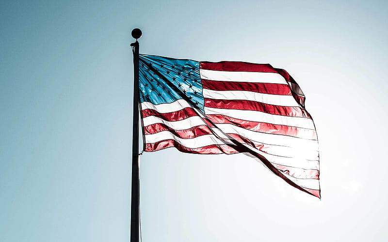 American Flag, USA flag on flagpole, USA flag, evening, sunset, USA, national symbol, US flag, HD wallpaper