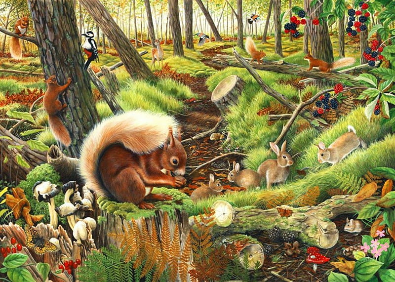 Save Our Squirrels, forest, painting, birds, rabbits, trees, artwork, deer, HD wallpaper
