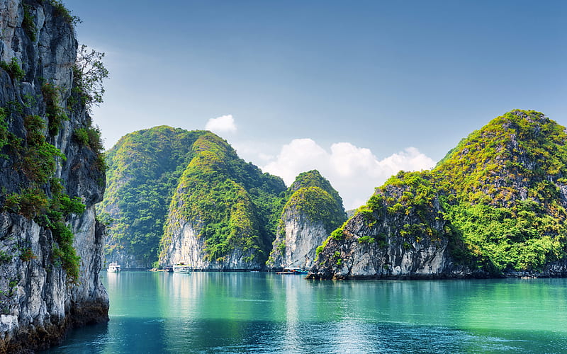 Halong Bay ocean, summer, Vietnam, cliffs, Asia, HD wallpaper