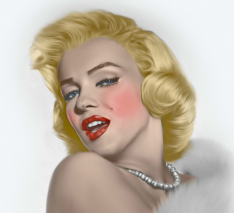 Marilyn Monroe, red, art, necklace, blonde, woman, lips, pearl, girl, actress, portrait, HD wallpaper