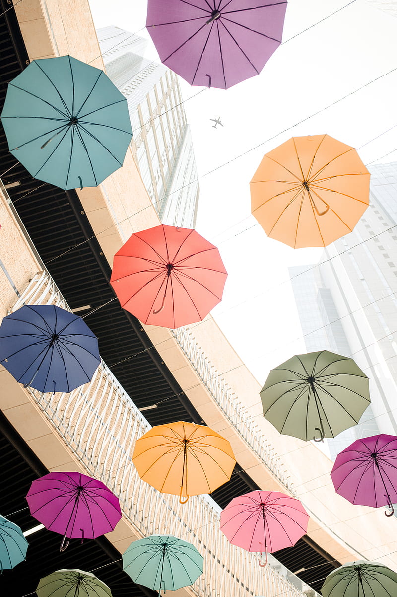 umbrellas, colorful, plane, buildings, HD phone wallpaper