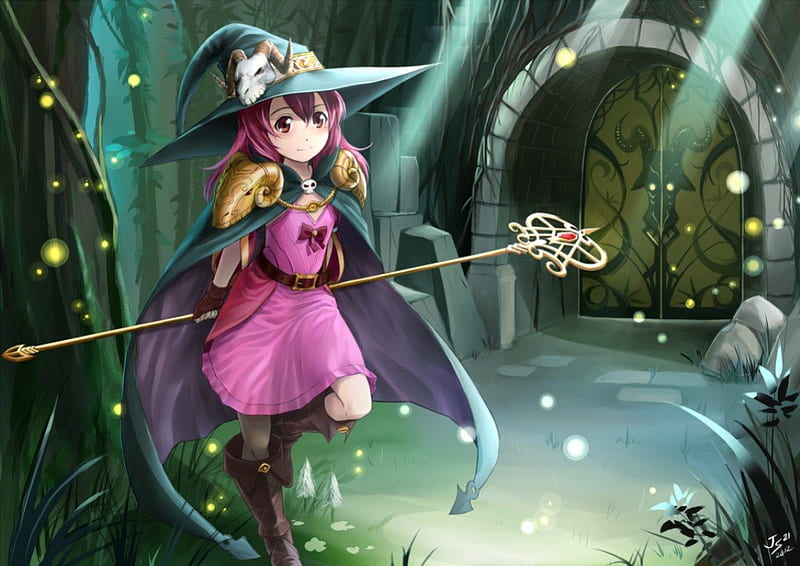 Pink Witch, staff, pretty, witch, dress, glow, sparks, magic, mantle, sweet, nice, anime, cape, hot, anime girl, weapon, long hair, female, lovely, wand, gown, rod, sexy, hat, armor, cute, warrior, girl, cap, magician, HD wallpaper