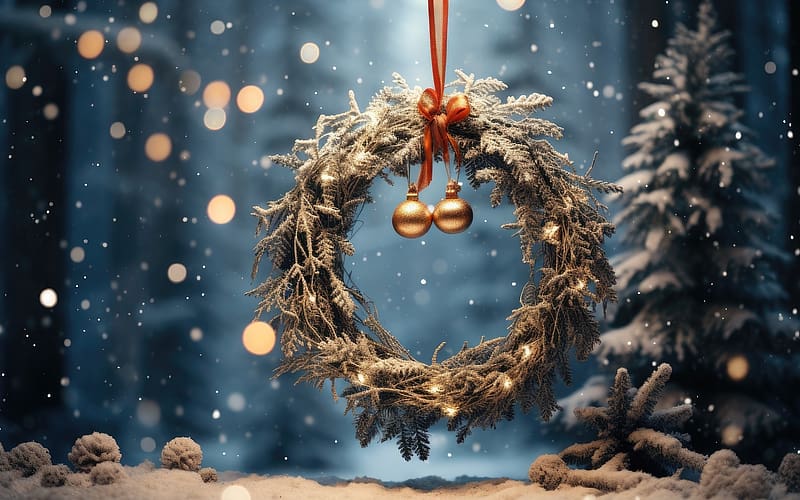 Advent Wreath, spruce, Advent, snow, wreath, bow, HD wallpaper