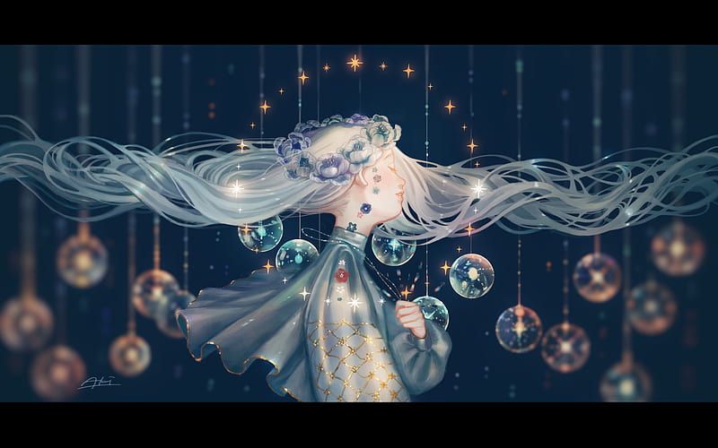 Anime, blue, art, girl, bubbles, manga, HD wallpaper