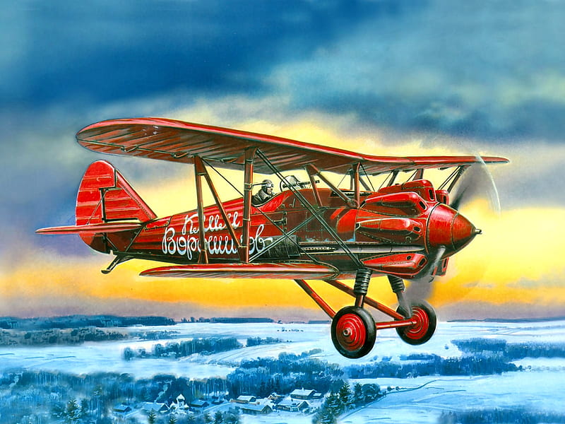 Soviet Fighter Biplane I5 F, art, flight, bonito, artwork, painting, wide screen, biplane, scenery, aviation, HD wallpaper