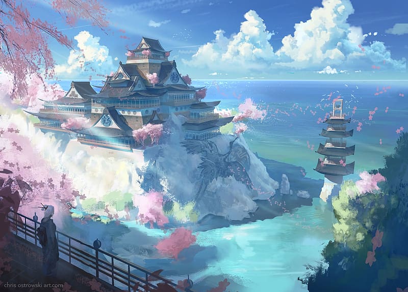 Anime, Landscape, Water, Sky, Sea, Ocean, Cloud, Original, Castle, HD wallpaper