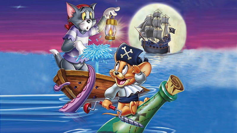 Tom and Jerry, tom, pirates, movie, jerry, sea, boat, moon, ship, animation, summer, funny, HD wallpaper