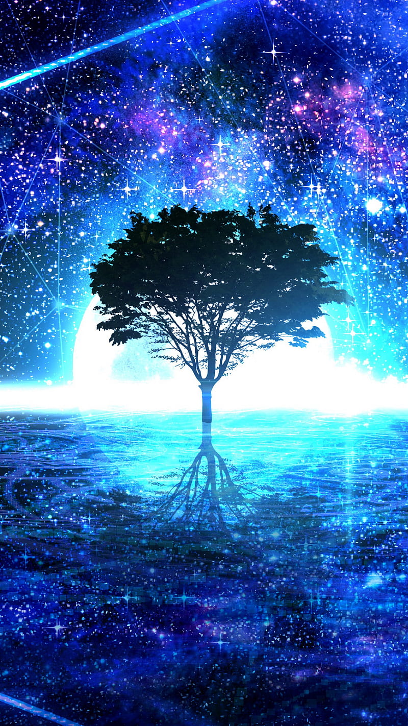 Shining Tree , bright, stars, art, shine, blue, night, HD phone wallpaper