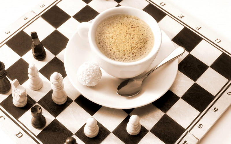 Take a break, candy, spoon, brown, food, sweet, coffee, square, cup, white, chess, HD wallpaper