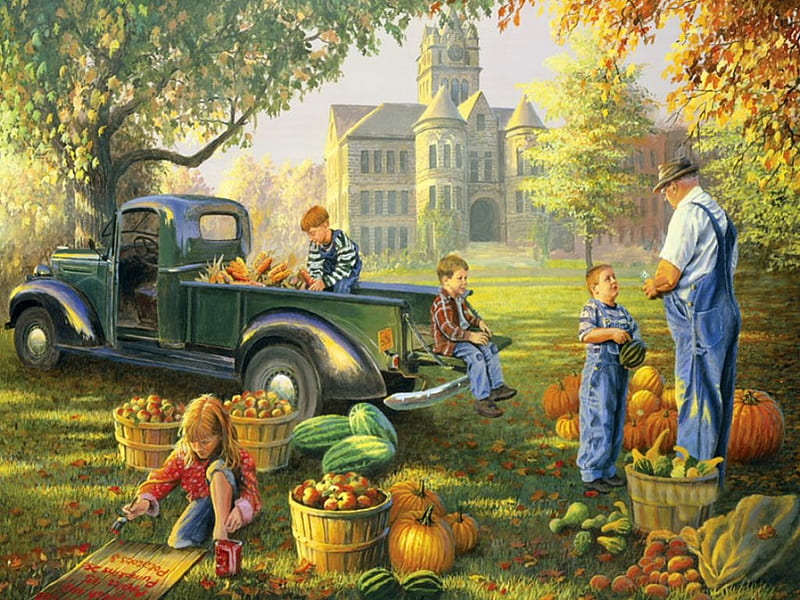 Happy thanksgiving !, pretty, colorful, harvest, lovely, splendid, potatos, fruits, children, bonito, magic moment, thanksgiving, car, nature, pumpkins, HD wallpaper