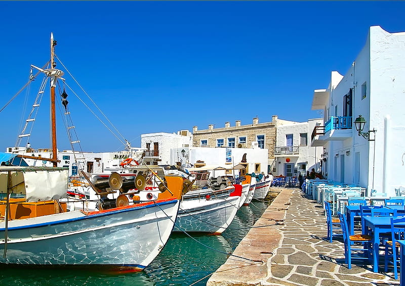 Welcome to Greece, architecture, resort, house, bar, boat, boats, splendor, village, beauty, chair, lovely, houses, town, port, buildings, sky, harbour, alley, greece, summer time, sailing, sunny, bonito, sea, city, retaurant, chairs, blue, lamp, view, lamps, colors, peaceful, summer, nature, sailboat, sailboats, HD wallpaper