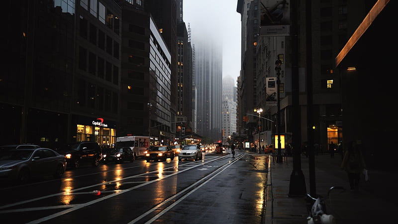 Cars On Road Between Buildings Dark Aesthetic, HD wallpaper