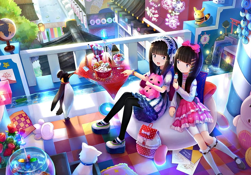 After school, cake, sweets, penguin, manga, cat, dessert, pink blue, liclac, girl, anime, stuff, couple, HD wallpaper