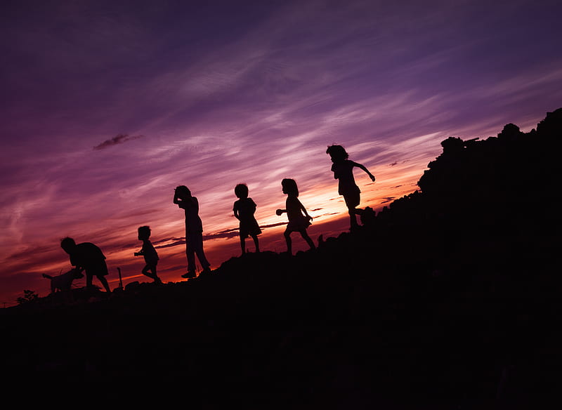 silhouette of children's running on hill, HD wallpaper