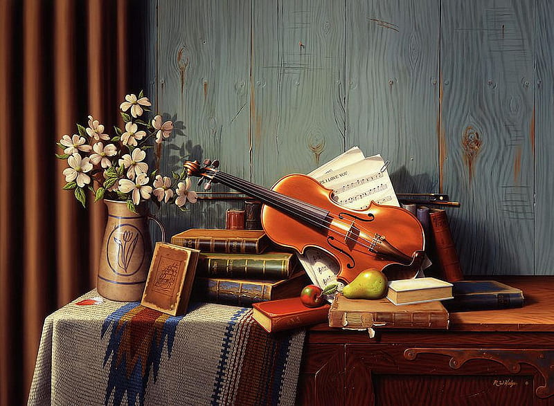 The New table, flowers, violin, books, painting, HD wallpaper | Peakpx
