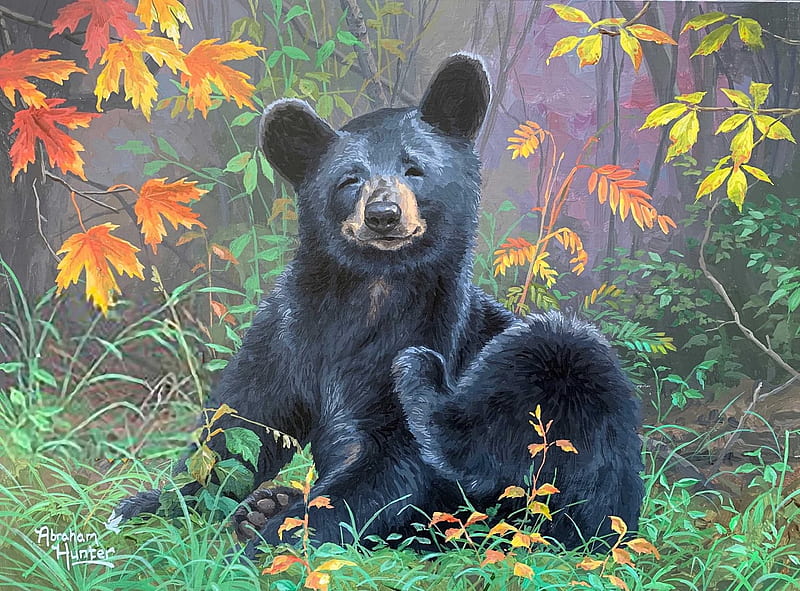 Wake up scratch, leaves, autumn, painting, bear, cub, artwork, HD wallpaper