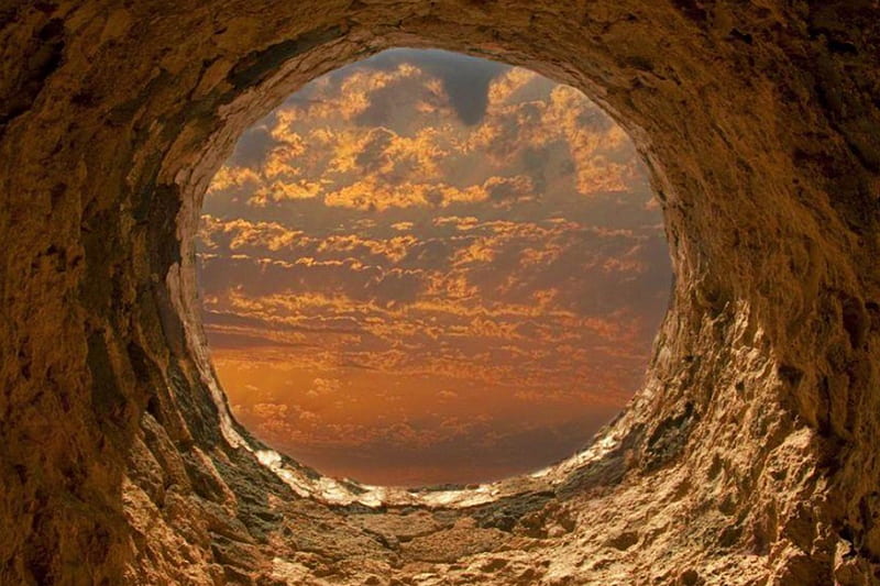 Through the Hole, mountain, hole, sky, clouds, HD wallpaper