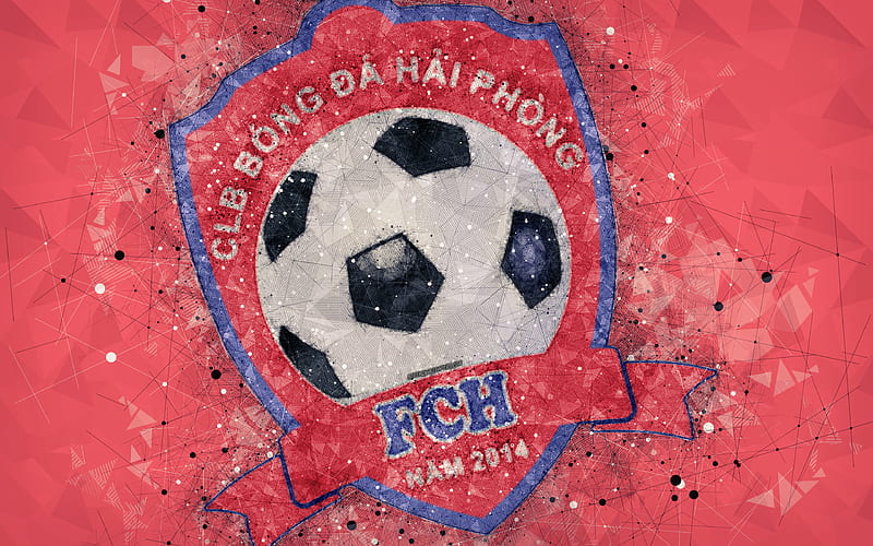 Hai Phong FC geometric art, logo, red background, Vietnamese football club, V-League 1, Haiphong, Vietnam, football, HD wallpaper
