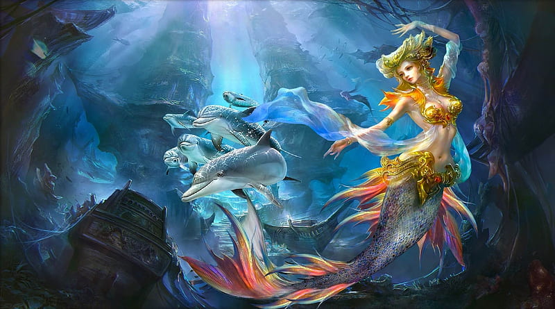 Mermaid and Dolphins, pretty, art, mermaid, bonito, woman, dolphin, fantasy, girl, digital, HD wallpaper