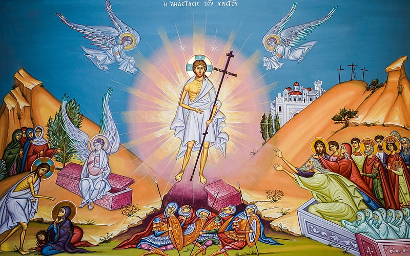 Resurrection of Christ, ladies, Christ, Resurrection, saints, soldiers, angels, icon, Jesus, HD wallpaper