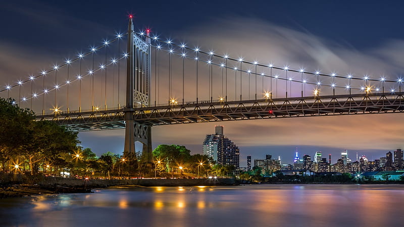 RFK triborough bridge in new york city, bridge, vity, river, park, lights, night, HD wallpaper