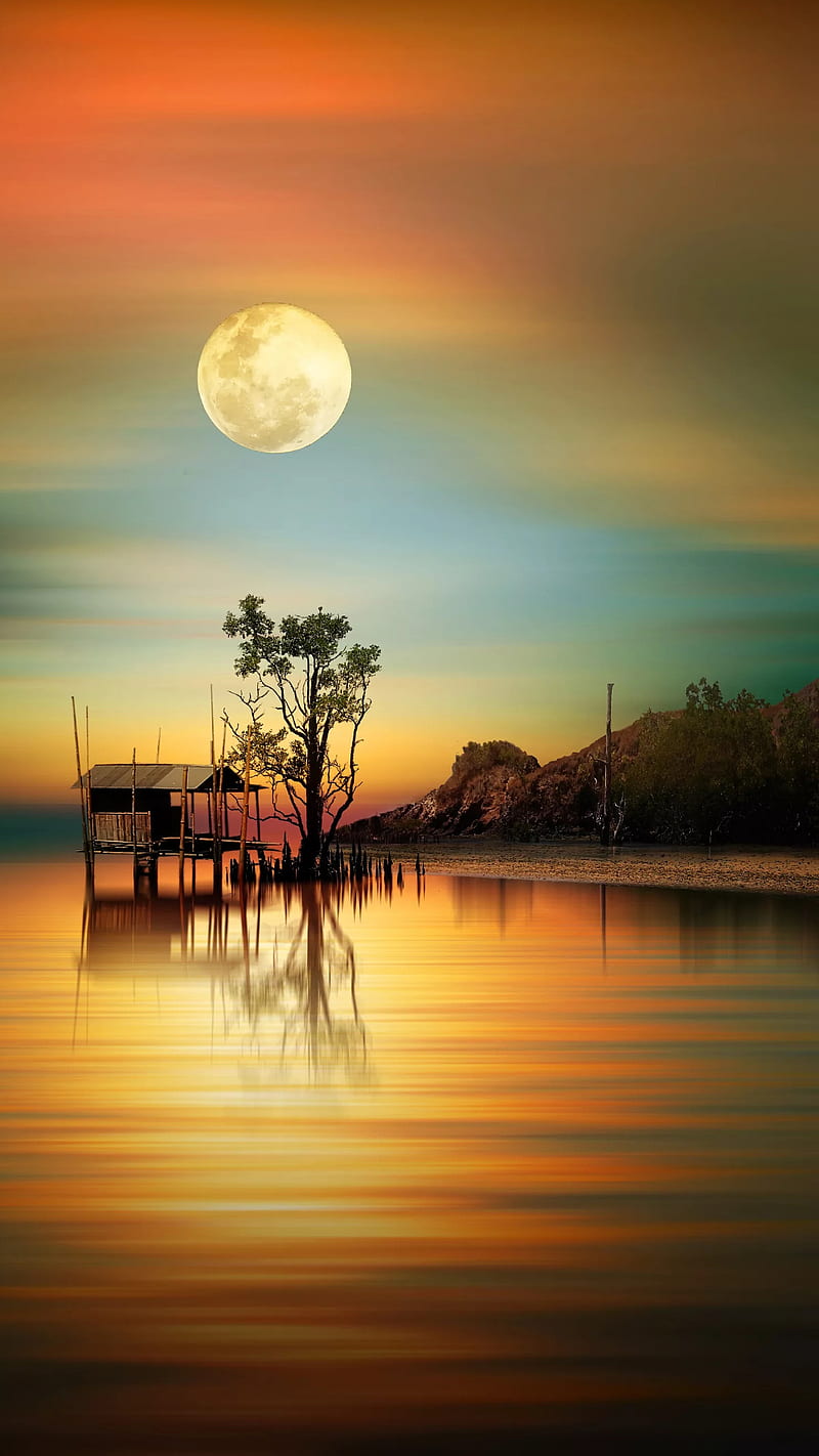 By the lake, lake, moon, nature, sky, sunset, water, HD phone wallpaper