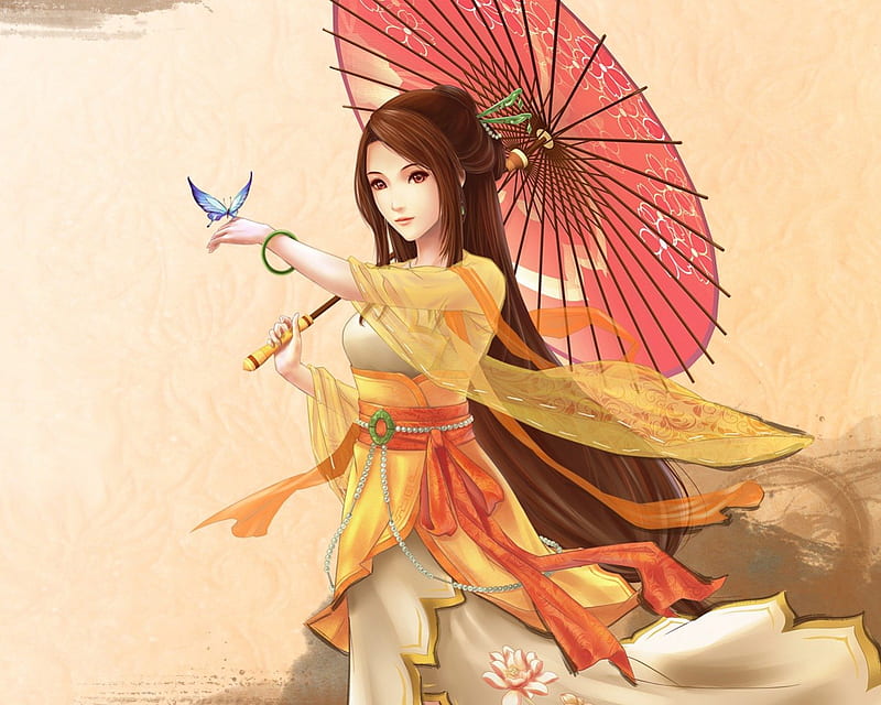 butterfly, pretty, dress, umbrella, bonito, sweet, nice, anime, hot, beauty, anime girl, long hair, female, lovely, sexy, cute, girl, oriental, chinese, maiden, HD wallpaper