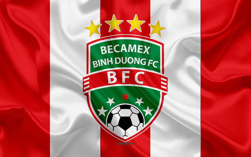 Becamex Binh Duong FC logo, silk texture, Vietnamese football club, emblem, red white silk flag, V-League 1, Binzyong, Thusaumouth, Vietnam, football, HD wallpaper