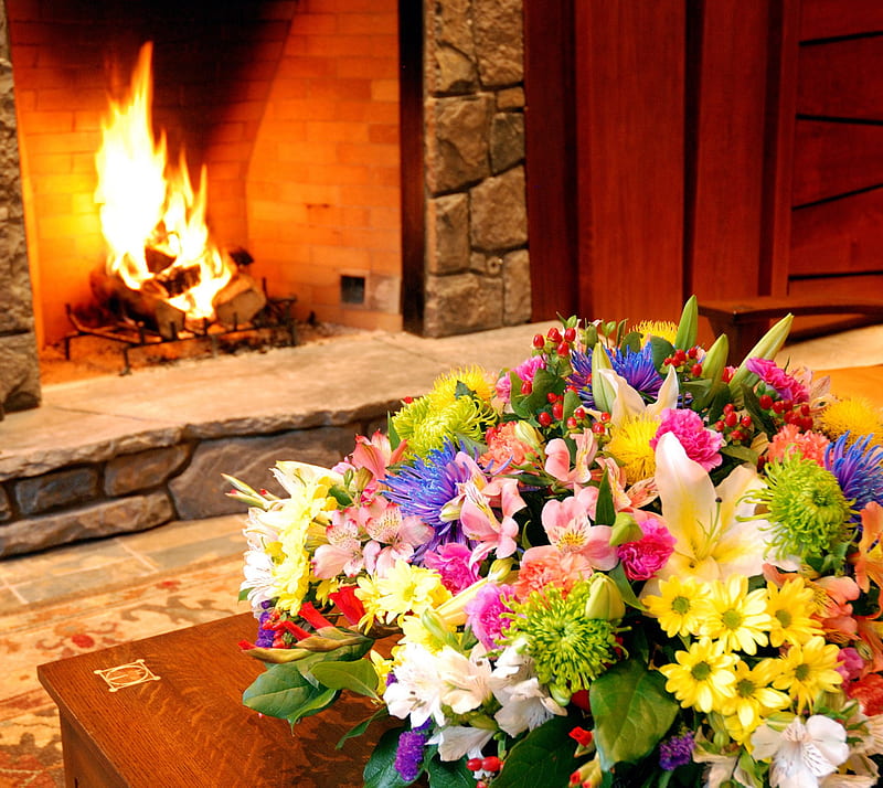 Bouquet, fire, flowers, house, valentine, winter, wood, HD wallpaper