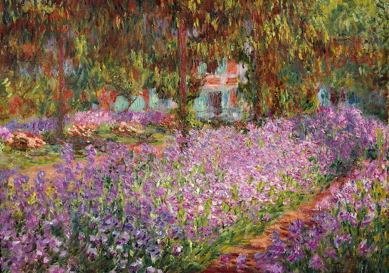 The artist garden in Giverny, claude monet, art, painting, giverny, garden, flower, pictura, pink, HD wallpaper
