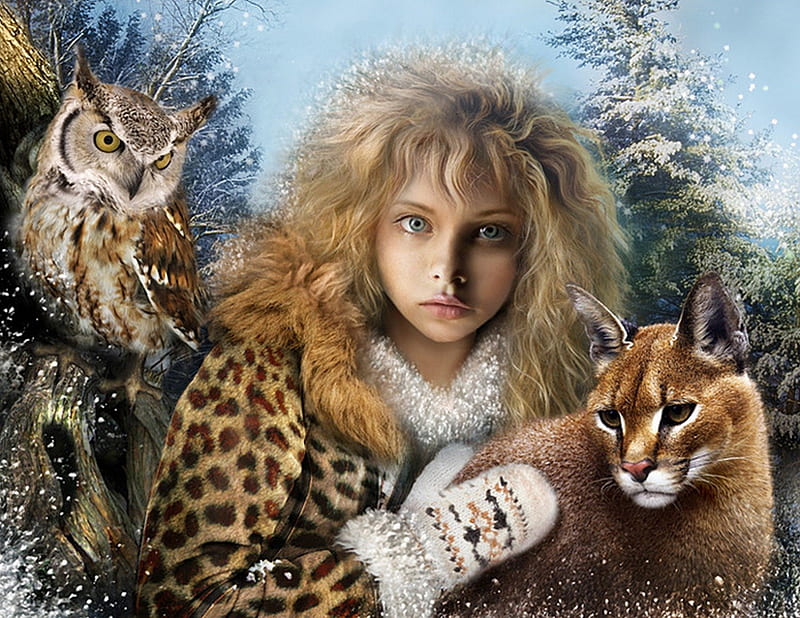 Three Friends, owl, fantasy, girl, snow, cat, trees, cold, HD wallpaper