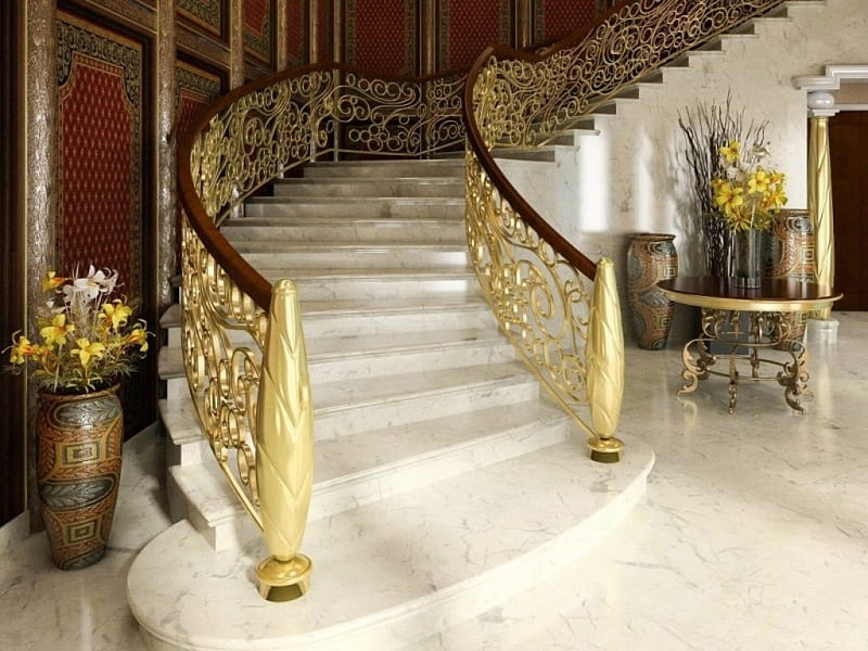 Magnificent ornate staircase, stairs, marble, entrace, vases, HD wallpaper