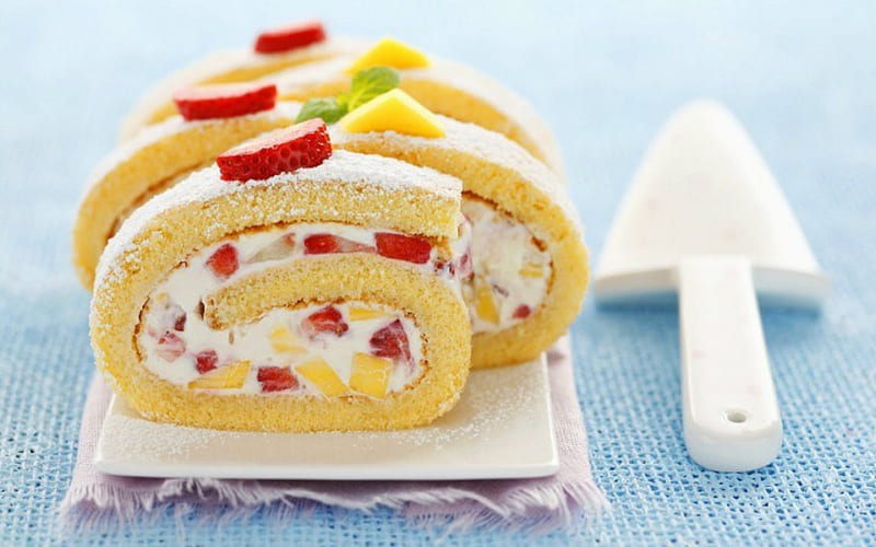 Sponge roll filled with Cream Mango, cake, roll, mango, food, cream, HD wallpaper