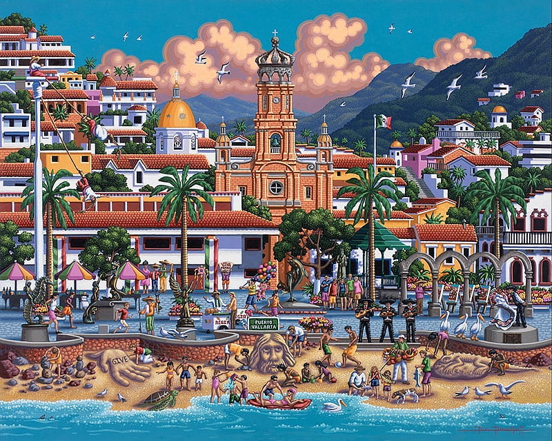 Puerto Vallarta, Mexico, beach, city, houses, people, church, clouds, sky, artwork, painting, HD wallpaper