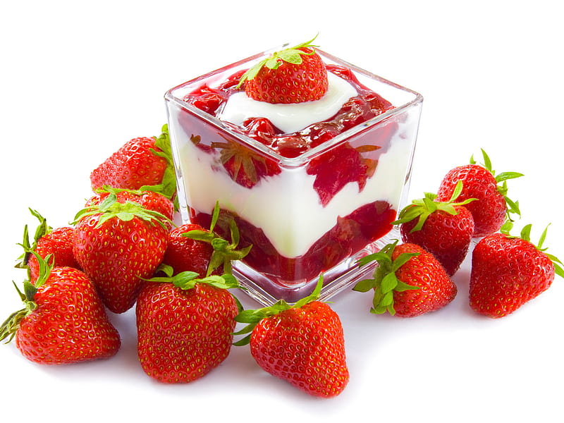 Mmm..., red, candy, strawberry, food, fruits, dessert, berry, tasty, milk, white, cream, HD wallpaper