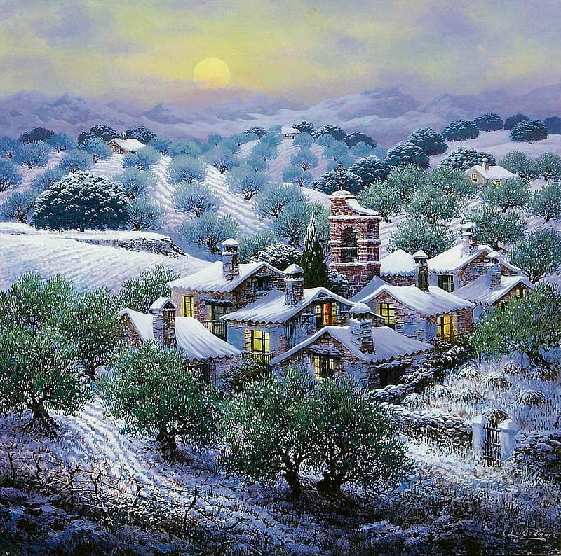 Luis Romero - Amanecer nevado * (Snowy sunrise) *, art, luis romero, painting, village, sunrise, snowy, winter, HD wallpaper