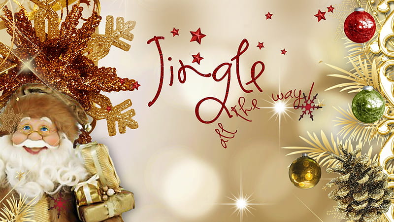 Jingle all the Way, stars, feliz navidad, christmas, firefox persona, xmas, santa claus, pine cones, bokeh, gold, balls, santa clause, decorations, gifts, HD wallpaper
