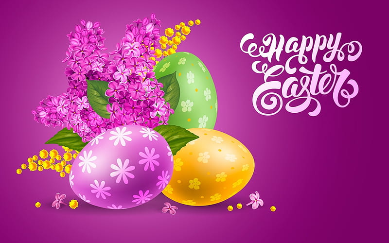 Happy Easter!, lilac, yellow, easter, spring, card, egg, purple, flower, pink, HD wallpaper