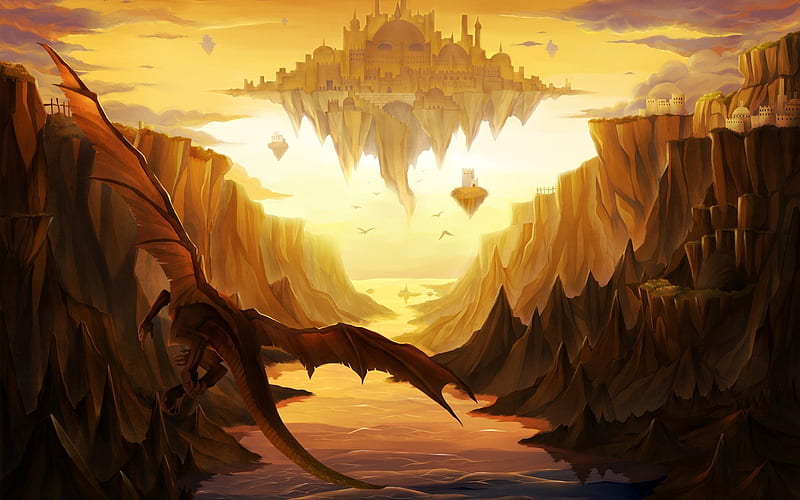 castles, Dragons, Valleys, Rocks, Fantasy, Art, Floating, Islands / and Mobile Background, Floating City, HD wallpaper