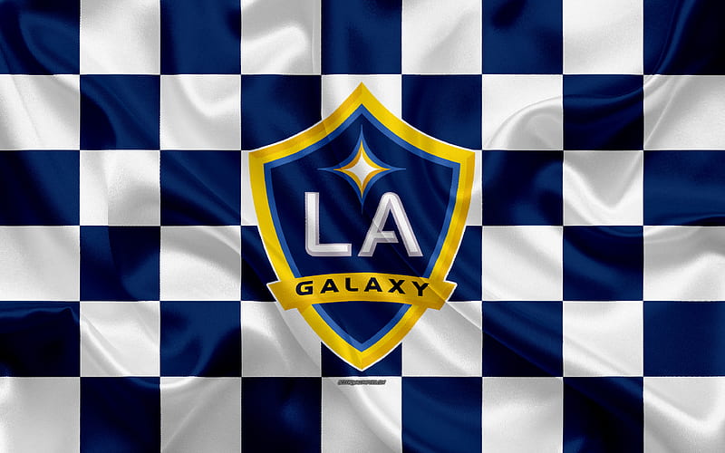 Los Angeles Galaxy logo, creative art, white blue checkered flag, American Soccer club, MLS, emblem, silk texture, Los Angeles, California, USA, football, Major League Soccer, LA Galaxy, HD wallpaper