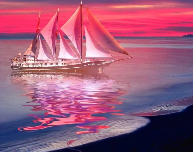 Sunset Schooner, oceans, beaches, Schooner, nature, sky, pink, Sunsets, HD wallpaper