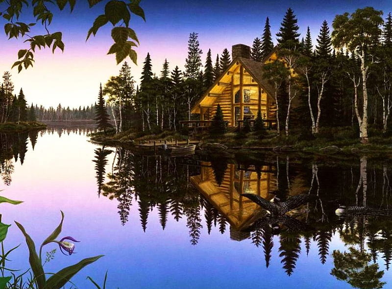 Cabaña en el lago, bosque, pintura, espejo, reflexión, árboles, Fondo de  pantalla HD | Peakpx