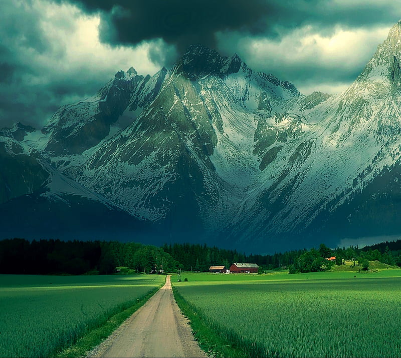 Alps Mountain, clouds, field, road, snow, winter, HD wallpaper
