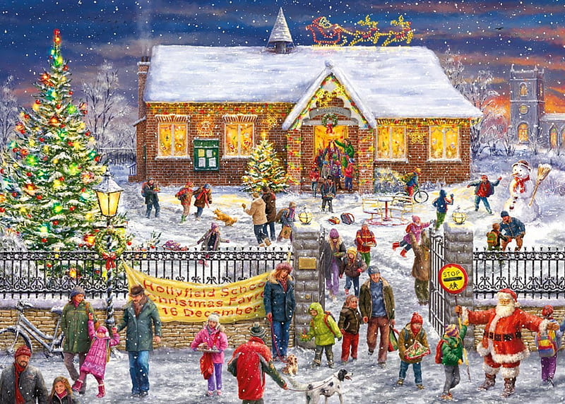 Christmas, house, holiday, bonito, fun, winter, tree, santa, snow, village, gifts, frost, HD wallpaper