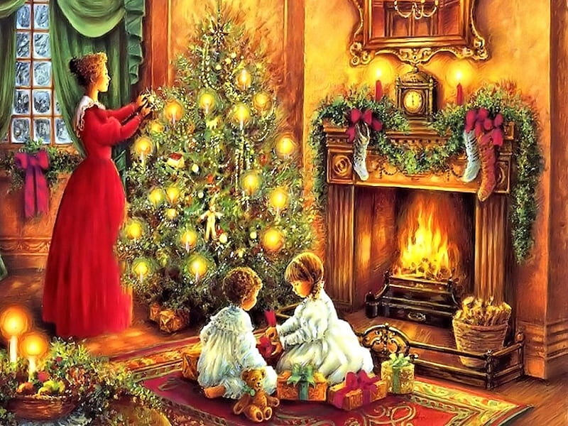 Vintage Christmas, Christmas, Room, Painting, Vintage, HD wallpaper