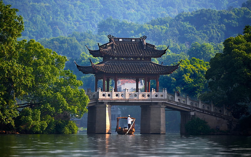 chinese pavilion, china, traditional building, bridge, boat, Nature, HD wallpaper