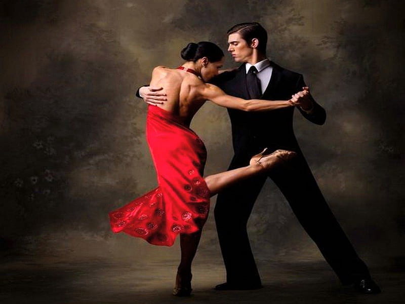 Seductive tango, red dress, tango, dance, man, woman, HD wallpaper